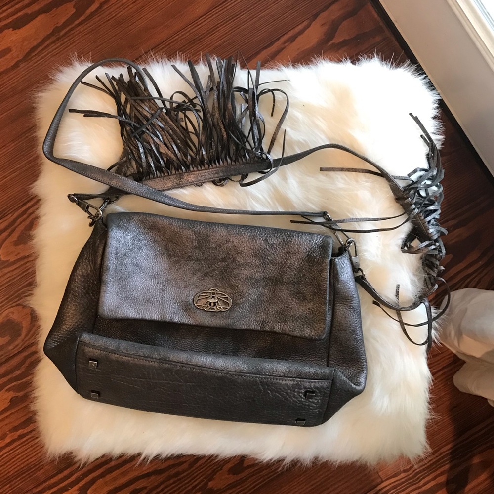 RARE Leather washed/aged silver Fringe Slouchy Bag